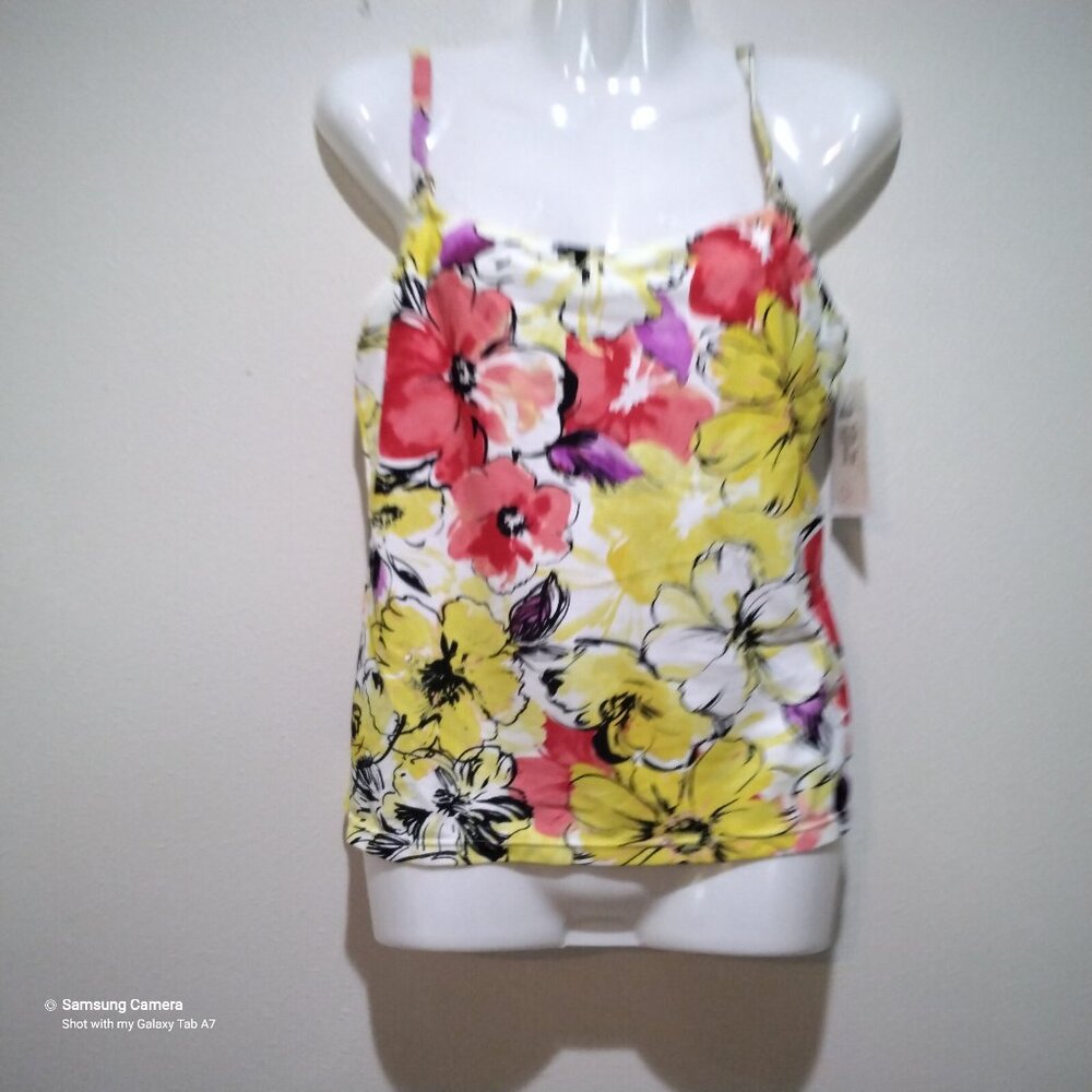 Island Escape White & Yellow Floral Super Padded Spaghetti Strap Tankini Top NWT